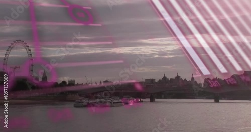 A series of data processing and statistics animations set against a backdrop of the london cityscape