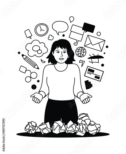 Woman Juggling Tasks and Ideas Amidst Crumpled Paper Vector illustration