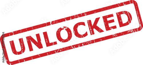 A vibrant red grunge style rubber stamp prominently displays the word UNLOCKED in bold capital letters