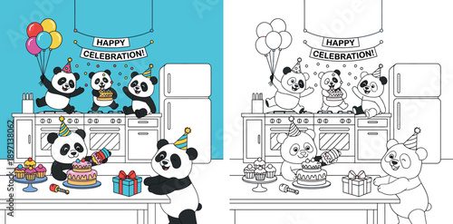 Cute cartoon pandas celebrating birthday party in kitchen with cake balloons and gifts, happy animal friends wearing hats having fun, vector illustration for holiday and event concepts.