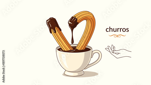 Delicious fried churros pastry being dipped into a cup of hot melted chocolate with text and a hand gesture illustration.