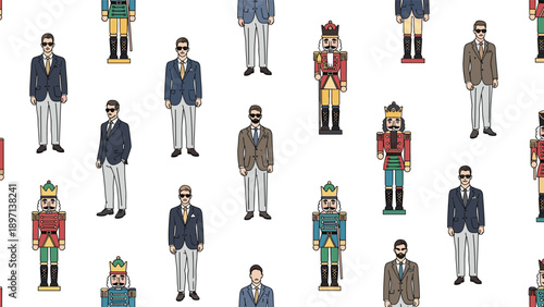Creative seamless pattern featuring various businessmen in suits and classic toy nutcracker soldiers on a plain white background.