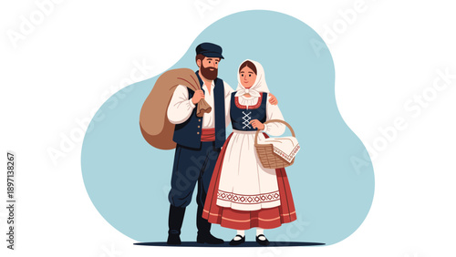 Man and woman wearing traditional European folk costumes stand together with a large sack and a woven basket for a heritage scene.