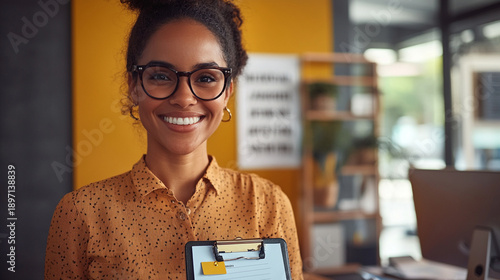 Close-up of a smiling secretary in a modern nonprofit office, bold typography mission wall, clipboard with forms and volunteer badges on desk, daylight realism