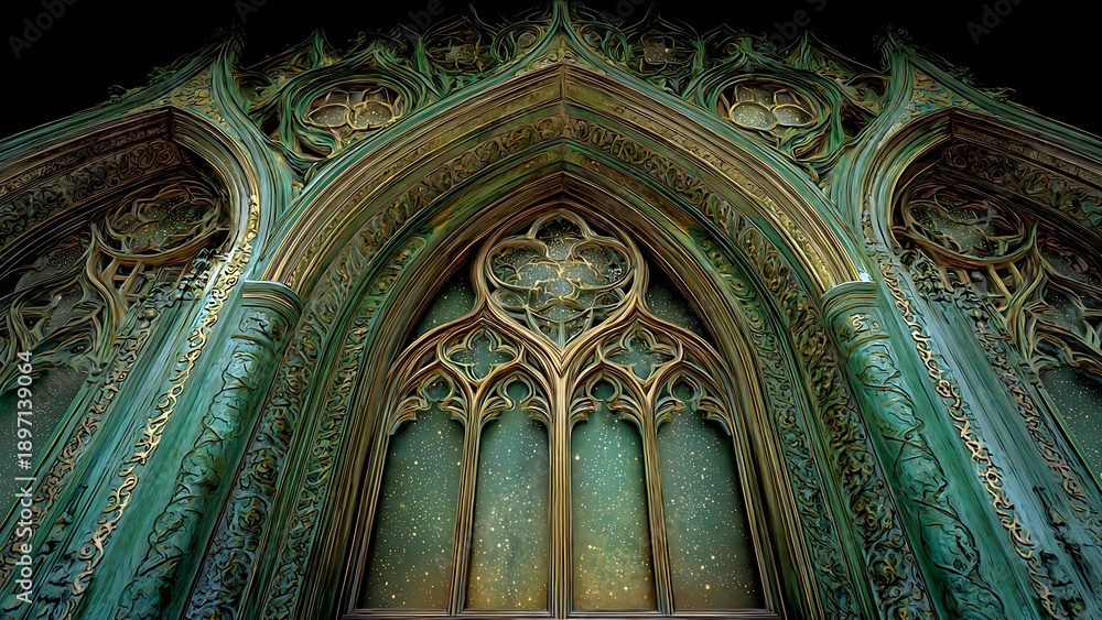 Fototapeta premium Emerald Gothic Archway in Fantasy Architecture with Intricate Details