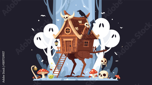 Mysterious wooden hut on chicken legs belonging to Baba Yaga set in a spooky forest with ghosts, skulls, and a crow.