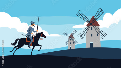 Legendary knight Don Quixote riding his horse toward giant windmills in a classic landscape scene from Spanish literature.
