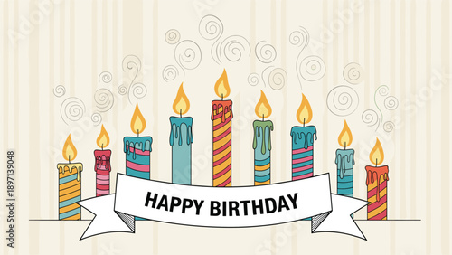 Festive arrangement of colorful birthday candles of varying heights with melting wax behind a large Happy Birthday banner.