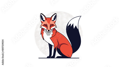 Symmetrical and artistic portrait of a red fox with its iconic bushy tail sitting against a textured circular background.