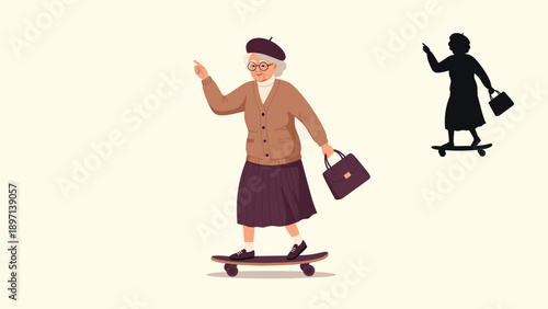 Energetic elderly woman wearing a beret and carrying a handbag confidently riding a skateboard alongside her silhouette.