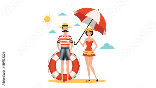 Man and woman in retro striped swimwear posing at the beach with a large lifebuoy and a beach umbrella under the sun.