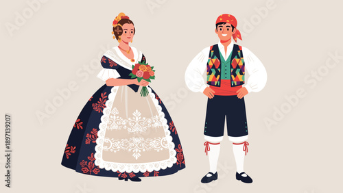 Man and woman wearing ornate traditional regional costumes from Spain for a festive folk celebration or heritage event.