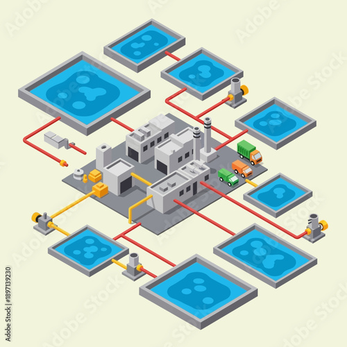 Isometric illustration of a water treatment plant with multiple stages and pipes.
