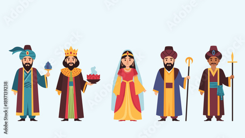 Collection of middle eastern royal characters including kings and a queen in traditional historical costumes on a light blue background.