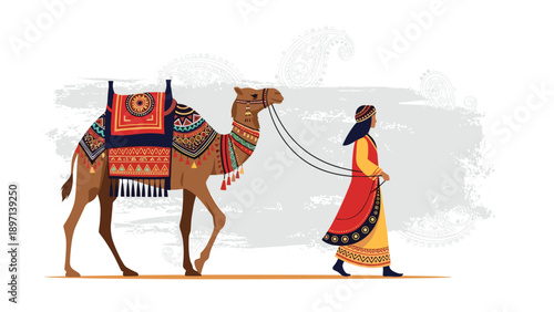 Traditional scene of a woman in ethnic clothing leading a camel adorned with colorful blankets through a desert landscape.