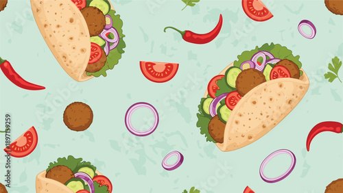Seamless pattern of falafel wraps with fresh vegetables like tomatoes, onions, lettuce, and red chili peppers on a light green background.