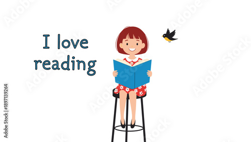 Young girl with red hair sitting on a tall stool reading a blue book while a small bird flies nearby on a white background.