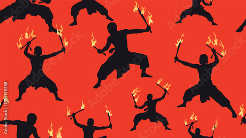 Seamless pattern featuring silhouettes of fire dancers performing with flaming torches against a vibrant red background.