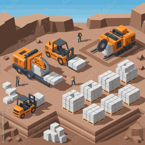 Quarry site with heavy machinery and stone blocks.