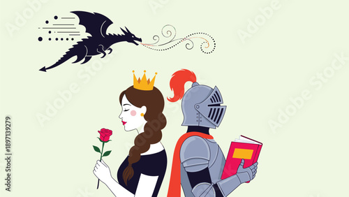 Princess holding a rose and a knight in full armor holding a book standing back to back while a dragon flies above them.