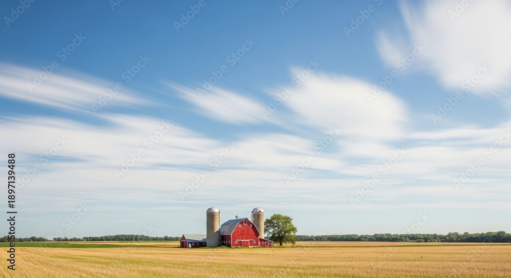 Fototapeta premium A serene rural landscape with a red barn and silos standing amidst a vast field under a blue sky with white clouds viewed from a distance