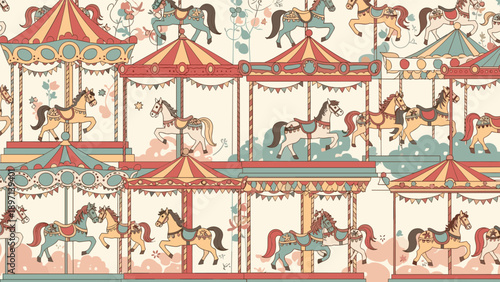 Vintage style seamless pattern of carousel horses with ornate saddles and poles against a light background with floral elements.