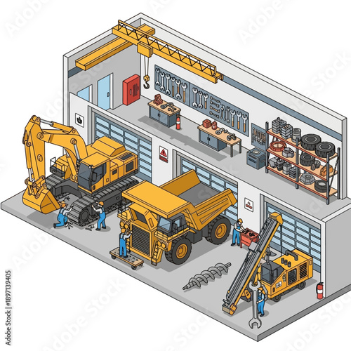 Industrial workshop with heavy machinery and workers.