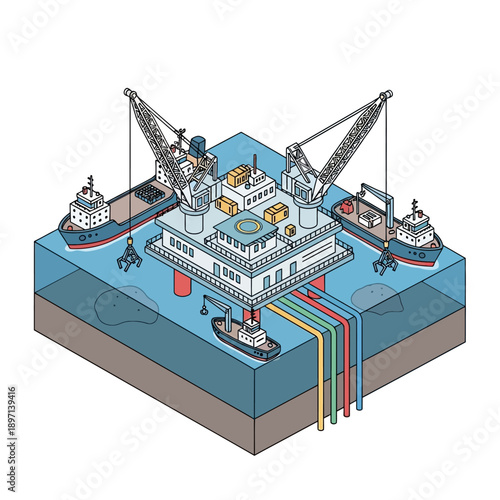Offshore oil rig with supply ships and underwater pipelines.