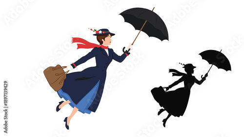 Silhouette and full color illustration of a nanny flying with a black umbrella and a carpet bag against a white background.