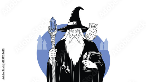 Wise old wizard with a long white beard holding a crystal staff and an ancient book with an owl perched on his shoulder.