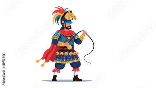 Medieval performer in a vibrant blue and gold costume with a horse head helmet and bells while holding a long whip.