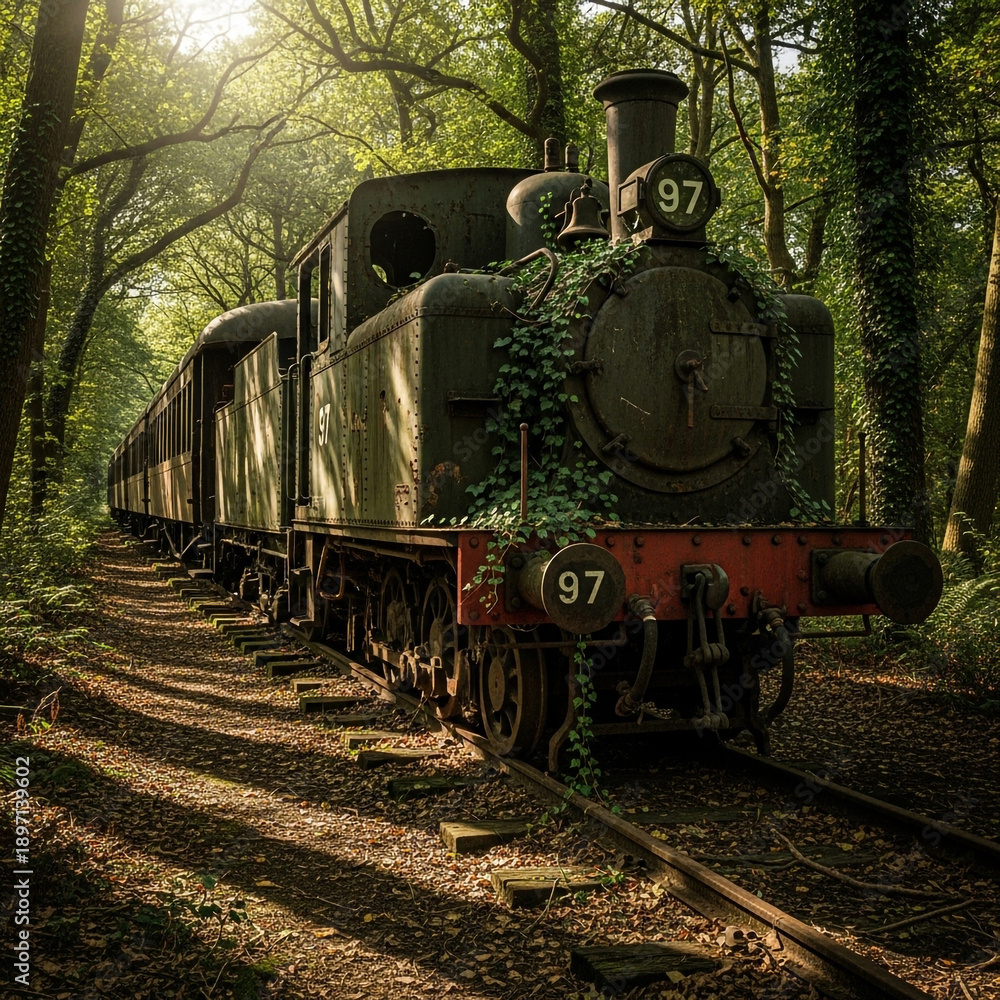 Obraz premium Old train on tracks in a forest with green trees and ivy covering it
