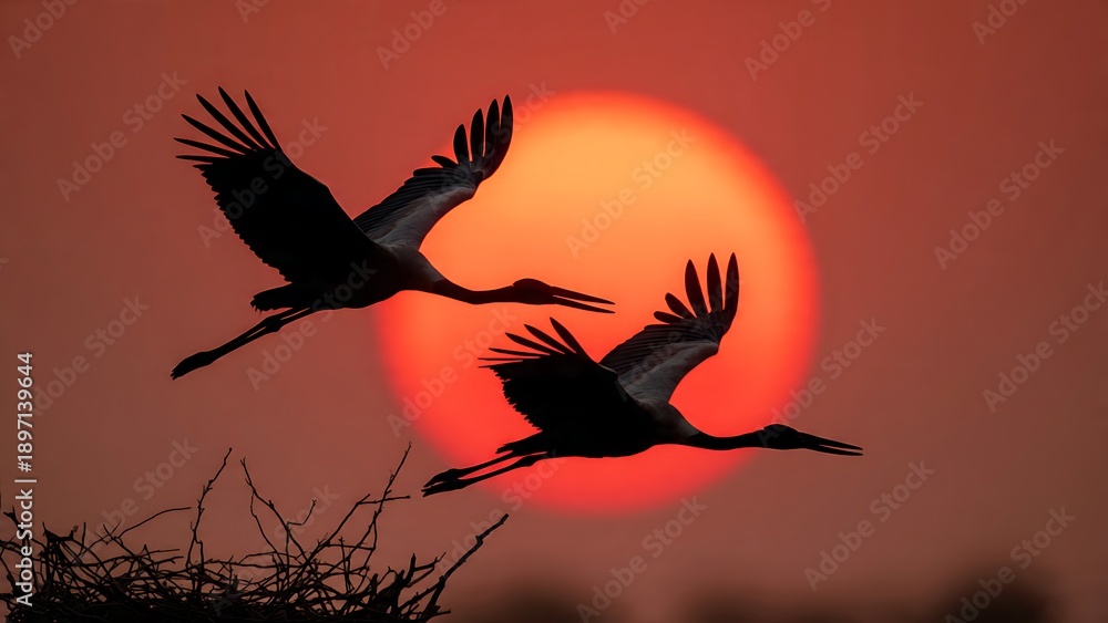 Fototapeta premium Graceful Cranes in Silhouette Against a Vibrant Sunset with Nest in Foreground