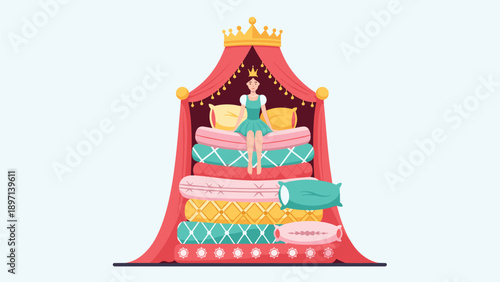 Princess sitting on top of a very high stack of colorful mattresses under a royal canopy for the princess and the pea story.