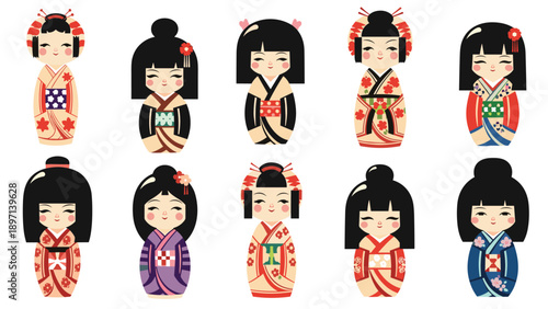 Large collection of colorful japanese kokeshi dolls in various traditional kimono patterns and diverse hairstyles.