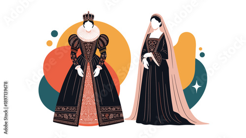 Two noble women in elaborate historical gowns with lace ruffs and veils standing against a modern abstract background.