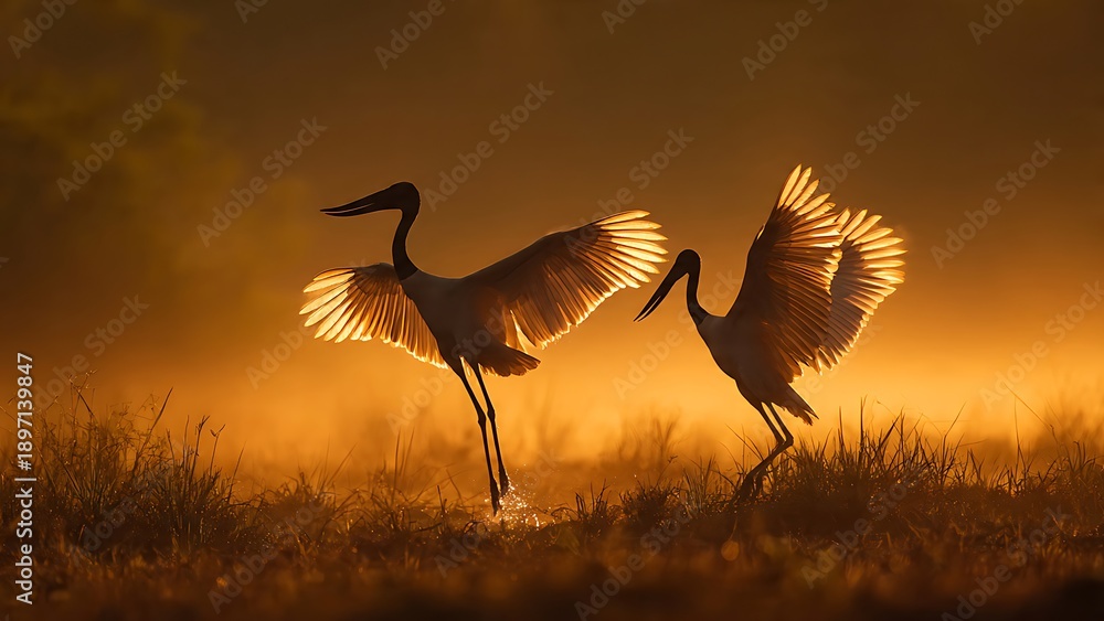 Naklejka premium Elegant Cranes Dancing at Sunrise Amidst Golden Fog in Nature's Serenity