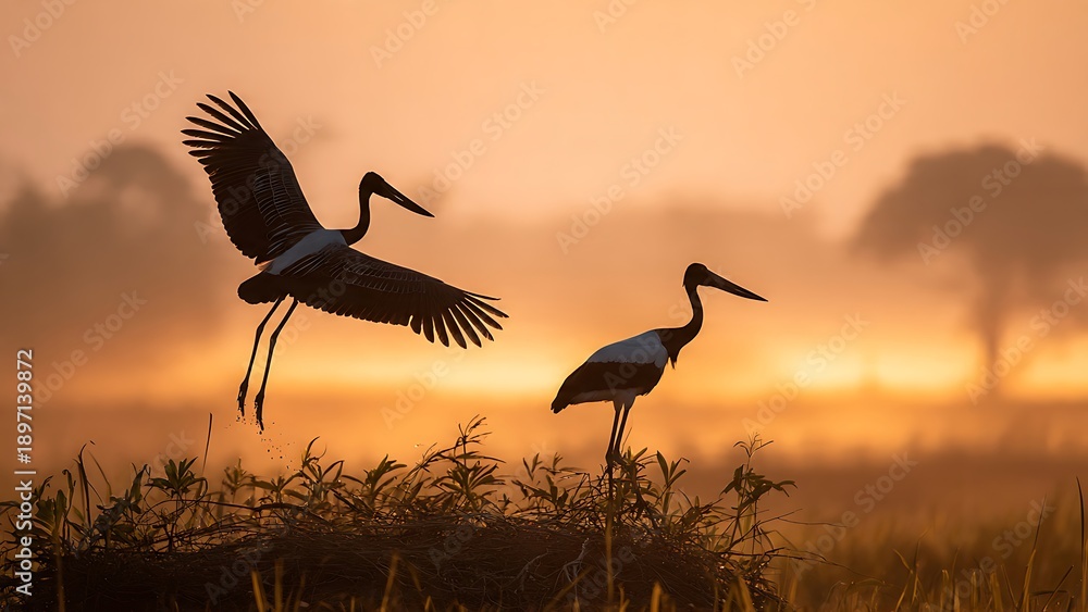 Fototapeta premium Majestic Cranes in Silhouette at Dawn Over Tranquil Wetlands Landscape