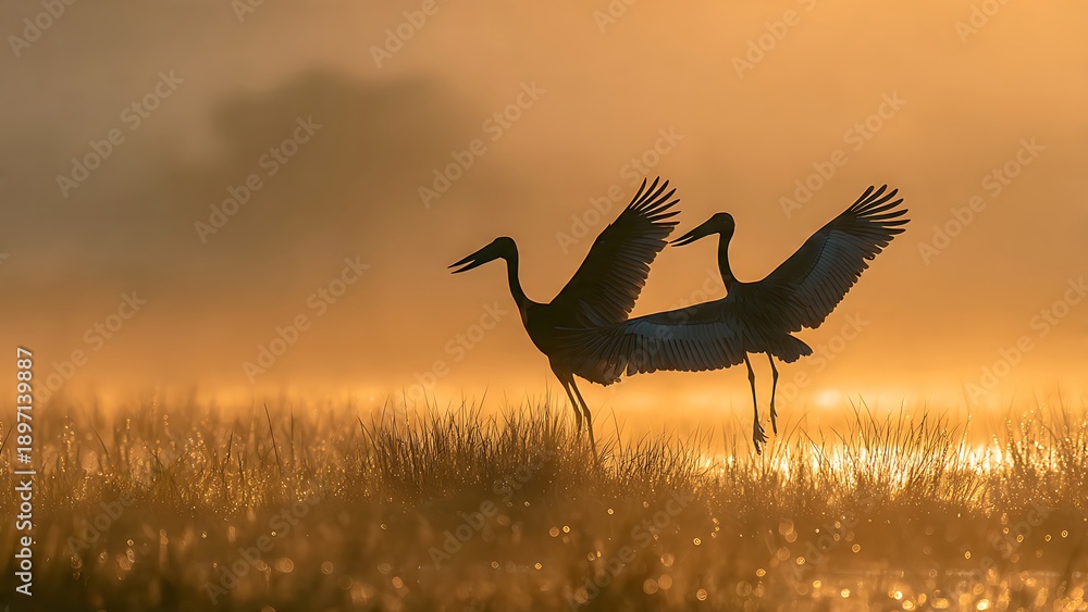 Fototapeta premium Elegant Cranes in Silhouette at Sunrise Amidst Golden Misty Landscape