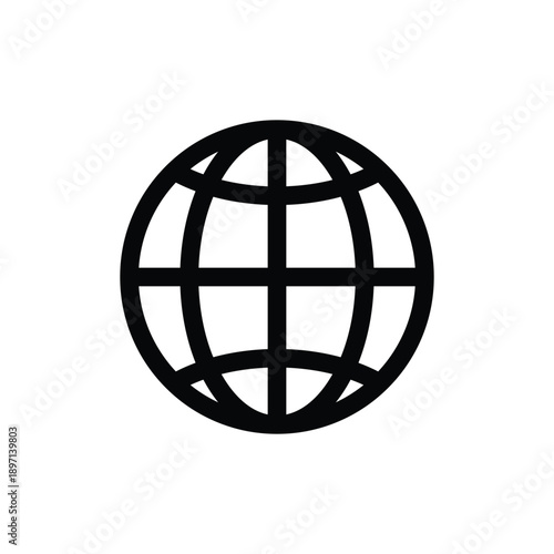 A simple black globe icon on a white background representing the world