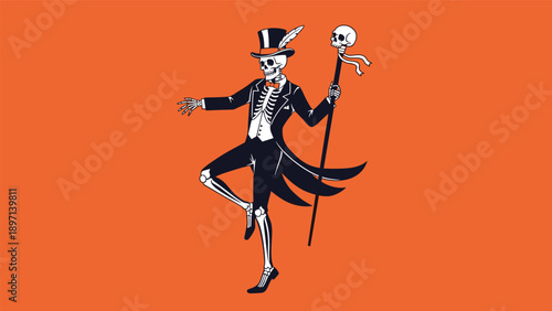 Dapper skeleton wearing a tuxedo and top hat dancing with a skull-topped staff on a vibrant bright orange background.