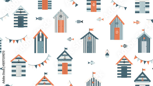 Seamless pattern of beach huts with stripes and fish, anchors, and bunting decorations on a plain white background.