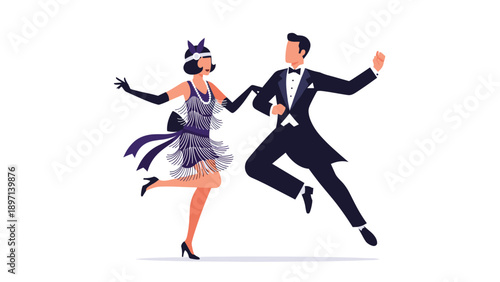 Elegant man in a tuxedo and woman in a flapper dress performing a 1920s jazz dance on a plain white background.