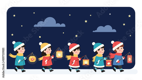 Row of children in winter coats and hats walking together in the snow while carrying glowing paper lanterns at night.