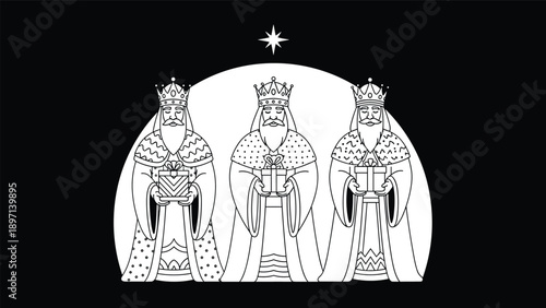 Simple black and white line art depicting the three wise men wearing crowns and holding gifts under a bright star.