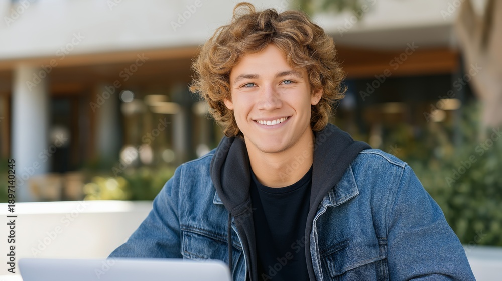 Fototapeta premium A cheerful young man sits at a table outdoors, working on his laptop. Surrounded by lush greenery, he smiles brightly, soaking in the sun and the lively atmosphere of the campus