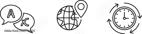 Three icons showing chat bubble globe with pin and a clock with rotating arrows isolated on transparent background