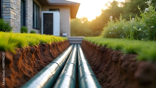 Ground source heat pump, long trench with insulated pipes leading to modern residential house, outdoor - geothermal energy, home utility installation, sustainable, plumbing, eco-friendly technology 