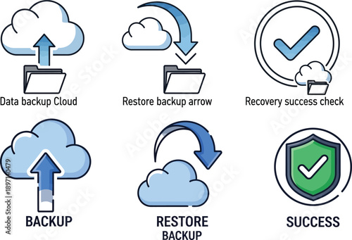 Cloud backup and restore icons isolated on transparent background