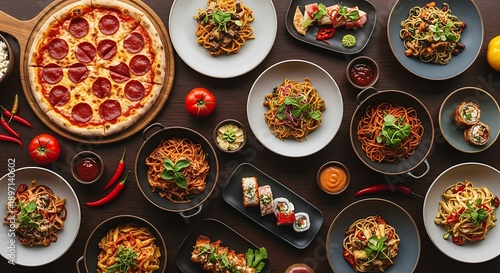 Variety of delicious food on table pizza pasta sushi and more for restaurant or recipe use